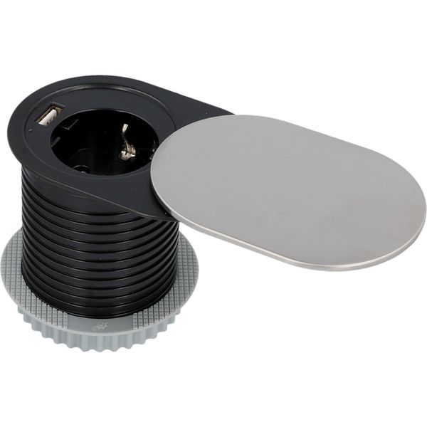 Einbautischsteckdose Schuko+USB Stahld